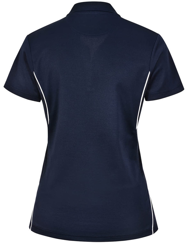 A navy polo shirt with short sleeves and white contrast detailing, featuring a logo on the back.