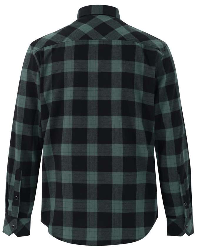 A unisex flannel shirt in black and dark green plaid with long sleeves and a button-up design.