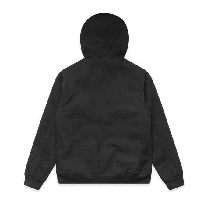 A black canvas bomber hood jacket with a minimalist design and a hood. Features a logo on one side.