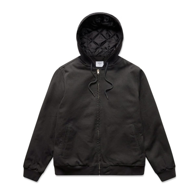A black bomber hood jacket with a quilted hood and zip closure, featuring side pockets and a branded label.