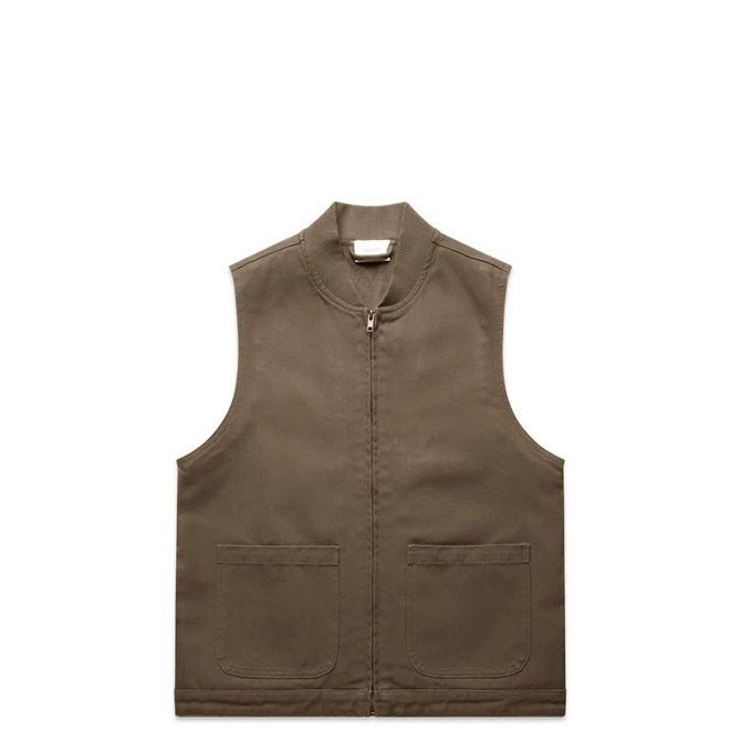 A brown canvas vest with a zip front and two front pockets, featuring a logo on the upper back.