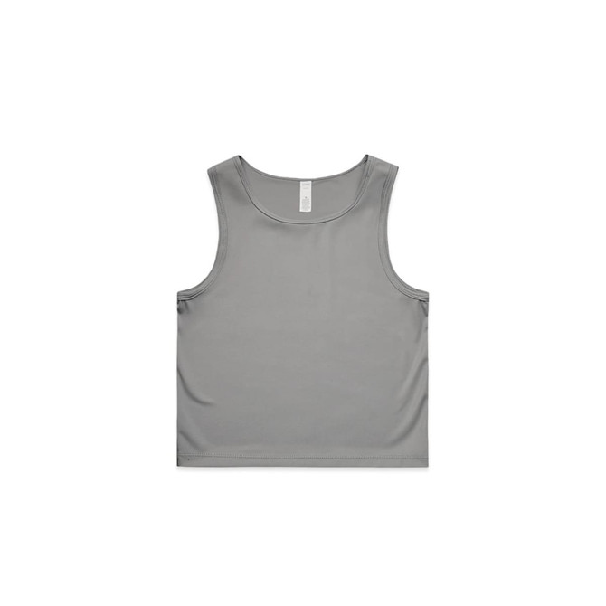 A grey active crop tank top with a simple design and a logo on the label.