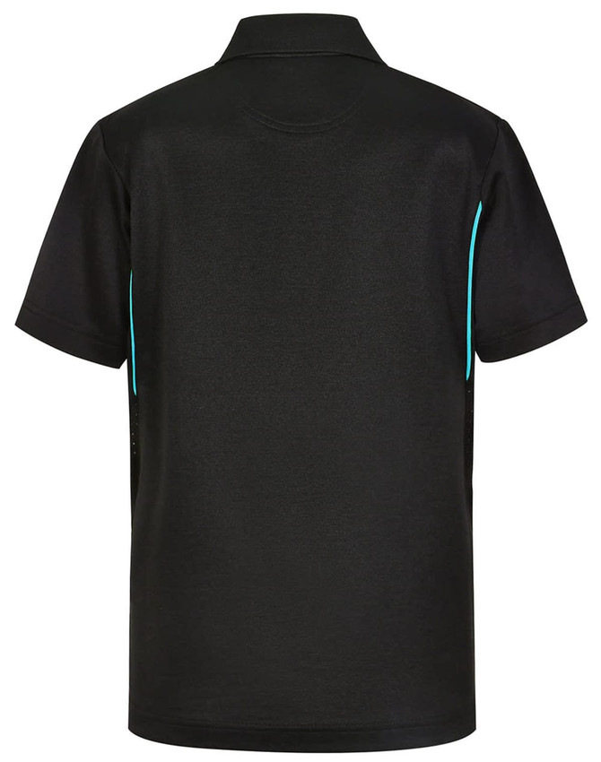 A black short-sleeved polo shirt with contrasting turquoise details and a logo. Suitable for kids.