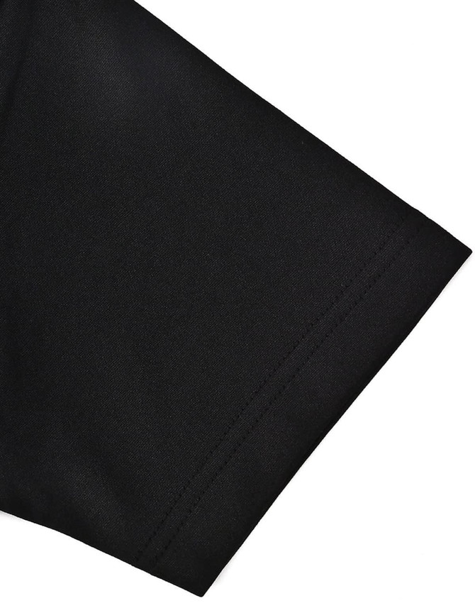 A close-up view of a black polo shirt sleeve featuring a contrast trim and a logo.