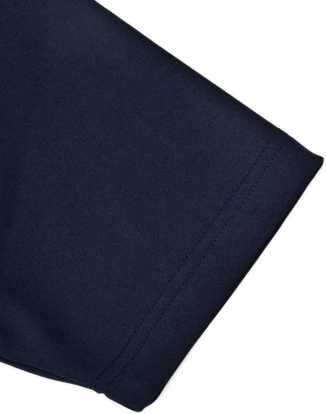 A close-up of a navy short-sleeved polo shirt with a clean hem and sleeve detail, featuring a logo.