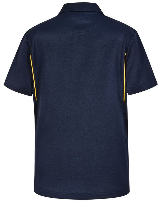 A navy blue kids' polo shirt with contrasting yellow side panels and a collar. It features a logo on the front.