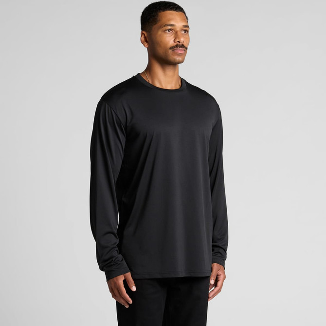 A black long-sleeve active T-shirt is displayed on a model with a neutral background, featuring a logo.
