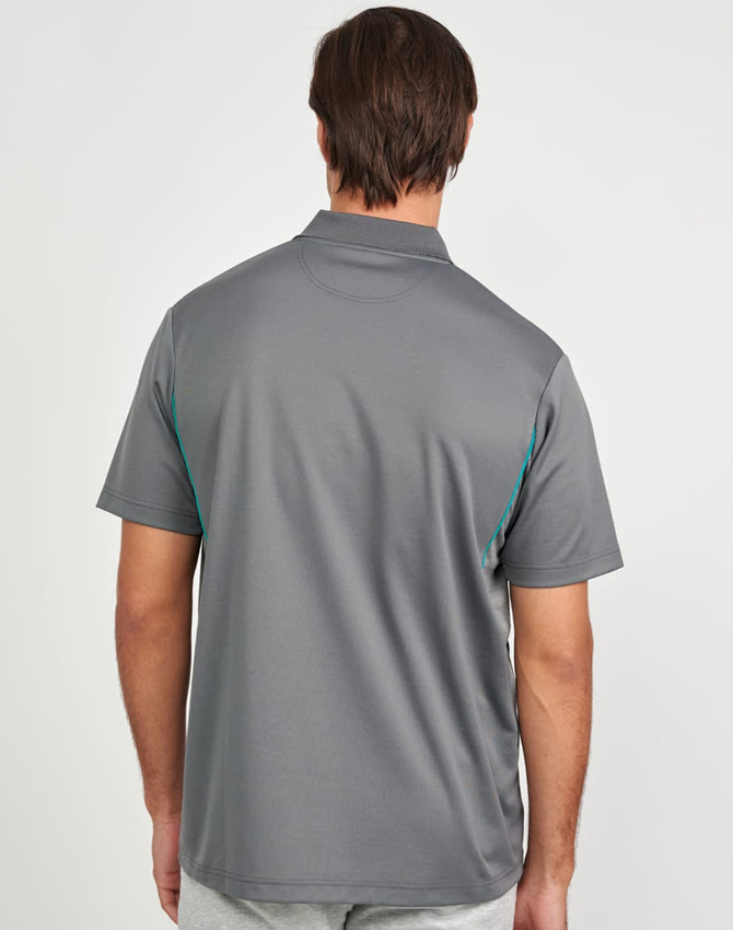 A grey men's sustainable poly/cotton polo shirt with contrast detailing and a collar. It features a logo on the front.