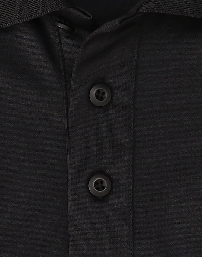 A black polo shirt featuring a collar and three buttons, designed with sustainable poly/cotton fabric and a logo.