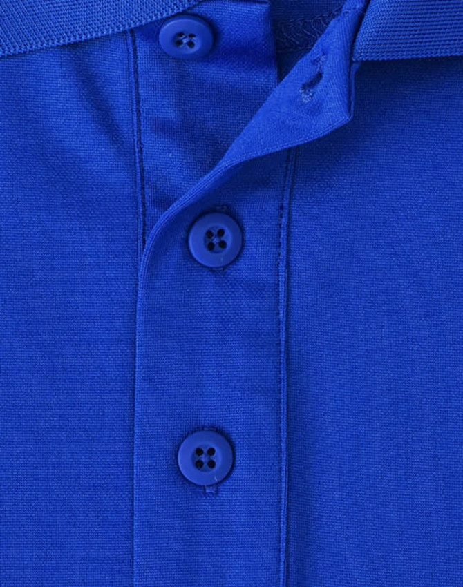 A close-up image of a blue sustainable poly/cotton polo shirt featuring buttons and a collar.