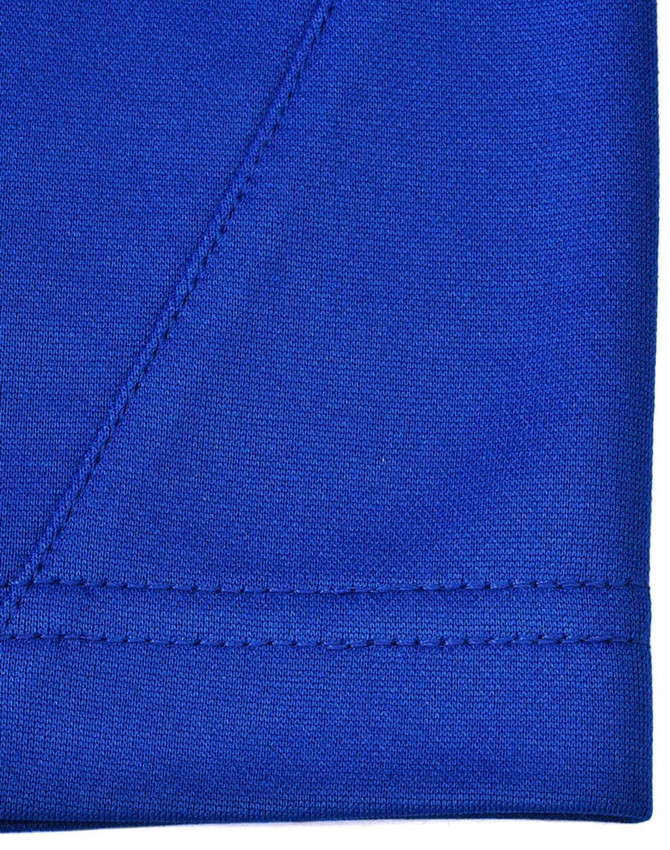 A close-up of a vibrant blue polo shirt featuring contrasting stitching. The fabric is a sustainable poly/cotton blend.