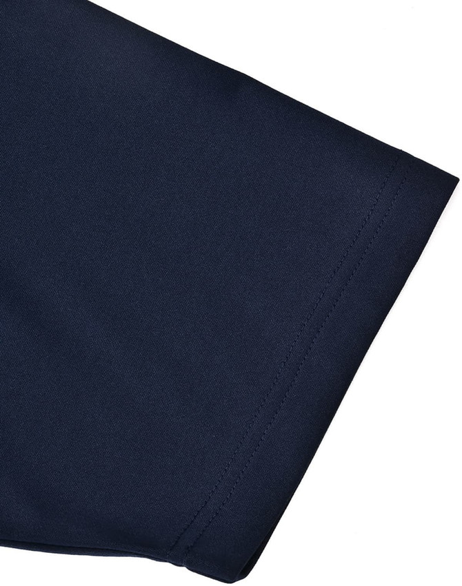 A navy short-sleeved polo shirt, featuring a contrasting design and a logo on the fabric.