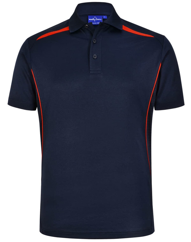 A navy polo shirt with contrasting red side panels and a collar. It features buttons and a logo.