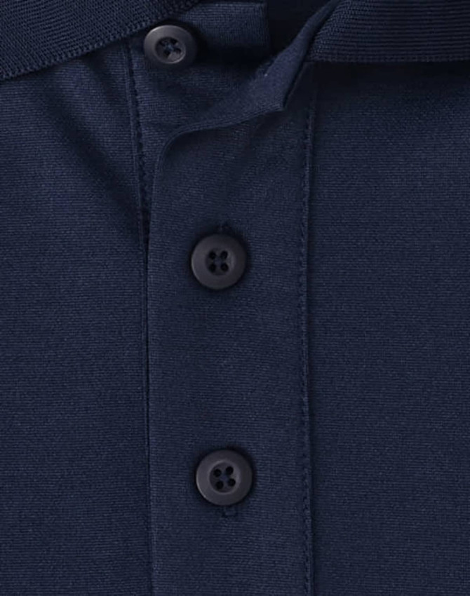A navy blue polo shirt featuring three buttons and a collar, with a logo on the fabric.