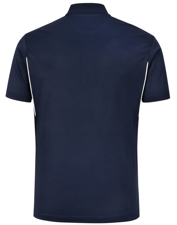 A navy blue short-sleeved polo shirt with contrast detailing and a logo on the front.