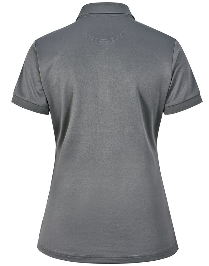 A grey ladies' sustainable poly/cotton short-sleeve polo shirt with a back view and a logo.