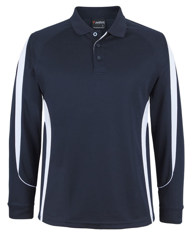 A long-sleeve polo shirt in navy with white side panels and a logo on the collar.