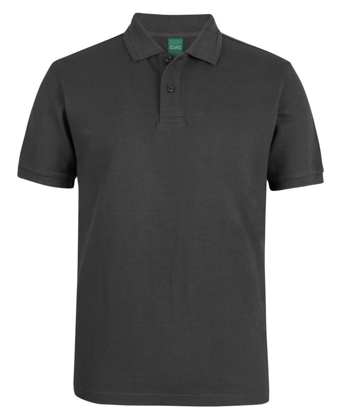 A dark grey polo shirt featuring a collar and buttons, with a logo on the upper side.