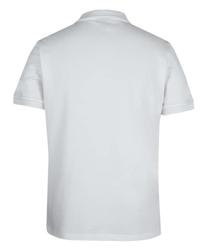 A light grey polo shirt with a collar and short sleeves, featuring a logo on the back.