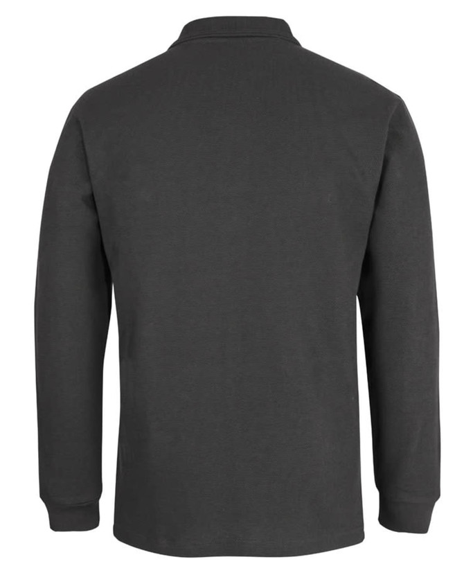 A dark green long-sleeved polo shirt with a collar and long sleeves, featuring a logo on the back.