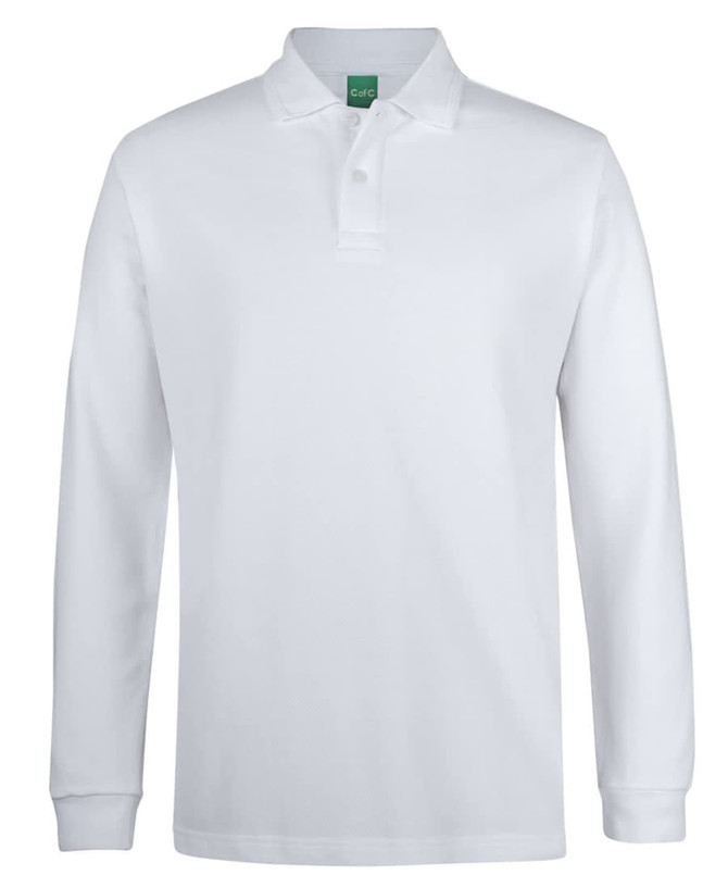 A long-sleeve polo shirt in white with a collar and a branding logo on the chest.