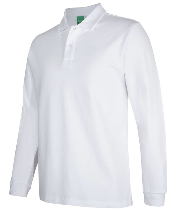 A white long-sleeve polo shirt with a collar, featuring a logo on the chest.