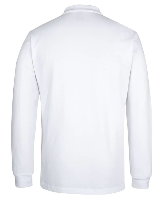 A white long-sleeve polo shirt with a collar, featuring a logo on the back.
