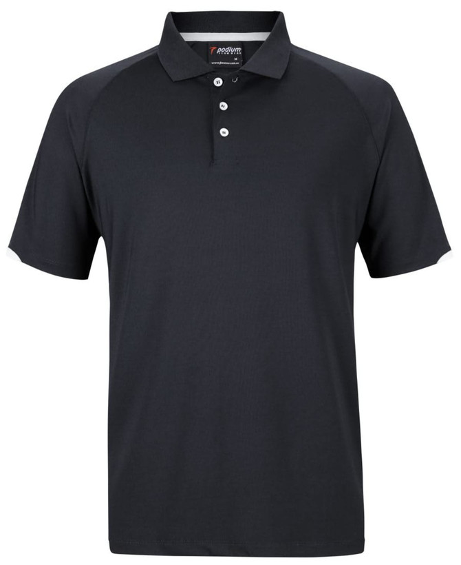 A black polo shirt featuring a contrasting neckline and a logo on the chest.