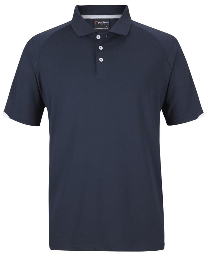 A navy polo shirt with contrasting sleeves and a collar, featuring a logo on the chest.