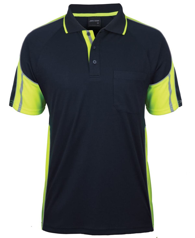 A navy blue and bright yellow polo shirt with reflective detailing and a single chest pocket. Includes branding.