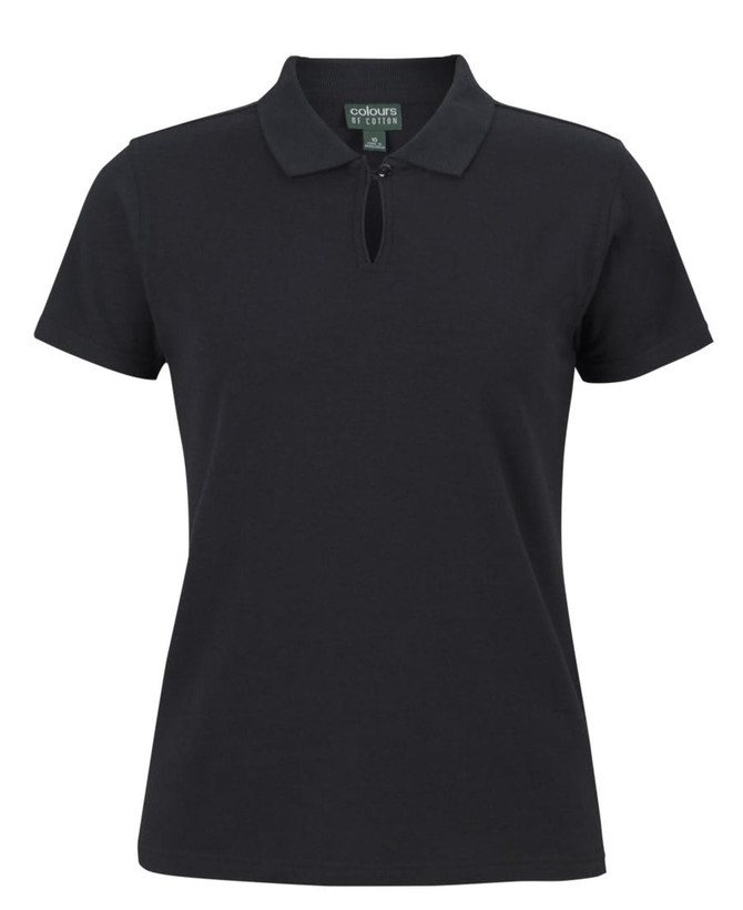 A black ladies' short-sleeve cotton stretch polo shirt featuring a collar and a logo.