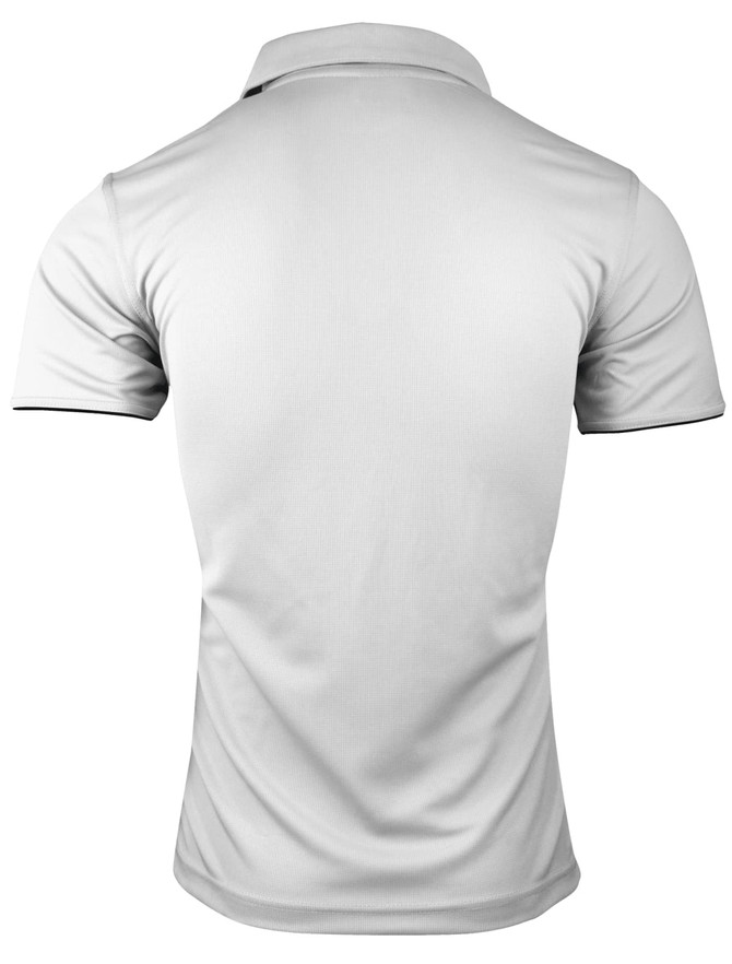 A white polo shirt featuring a simple design with contrasting trim and a collar, displaying no visible branding.