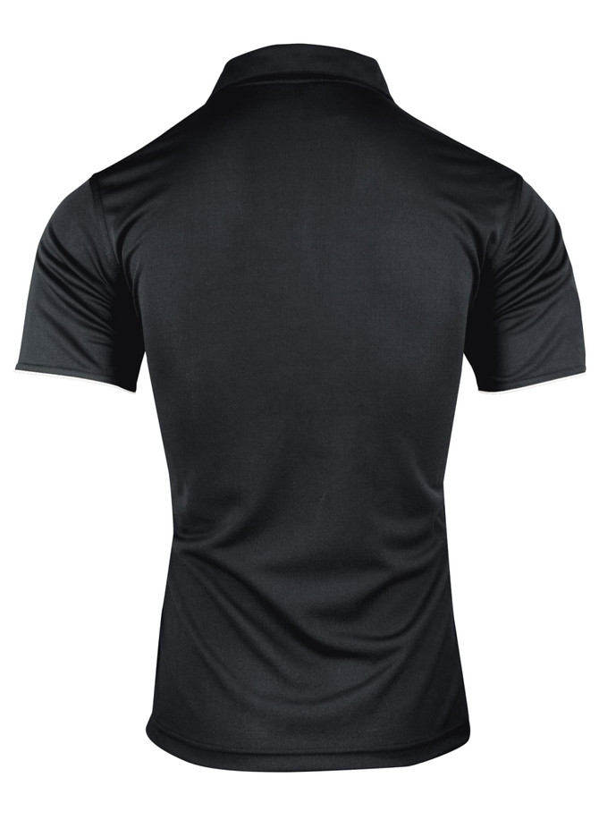 A black polo shirt with a standard collar and short sleeves, featuring a logo on the back.
