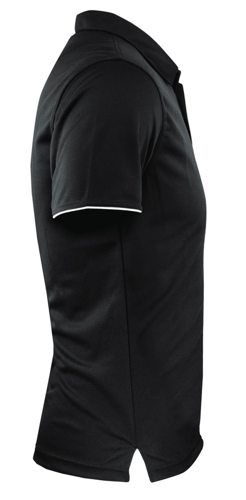 A black men's polo shirt featuring a short sleeve and a branded logo.