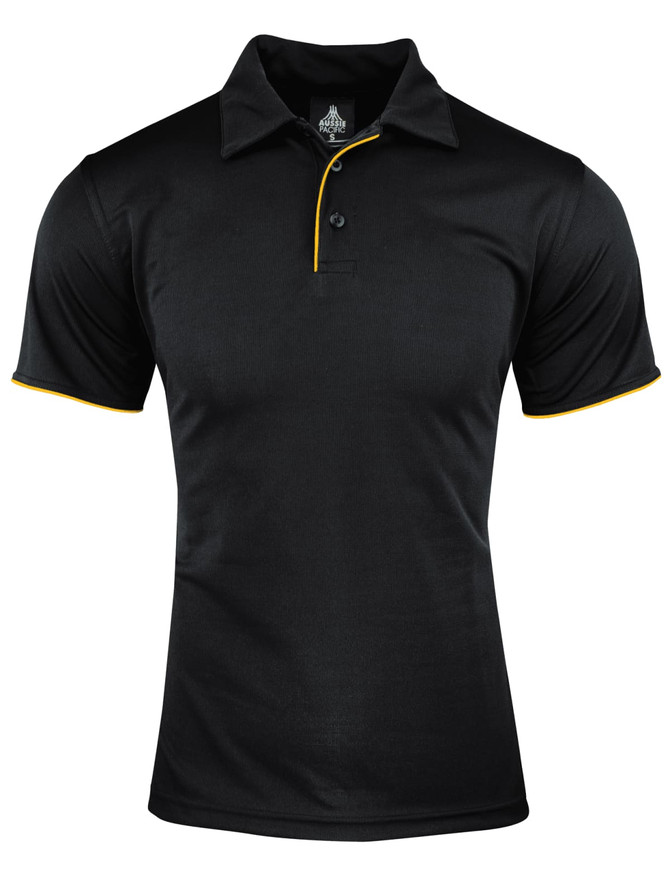 A black polo shirt featuring a yellow trim and a collar, with a logo on the label.