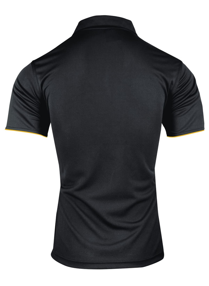 A black polo shirt with short sleeves featuring a contrasting trim and a logo on the front.