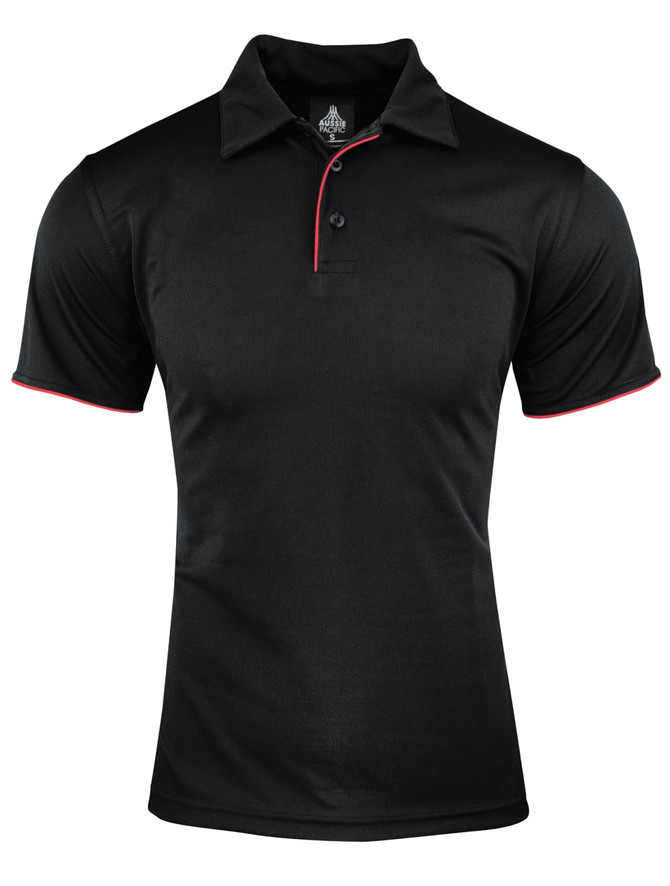 A black polo shirt featuring a red collar and sleeve trim, with a three-button placket and a logo.