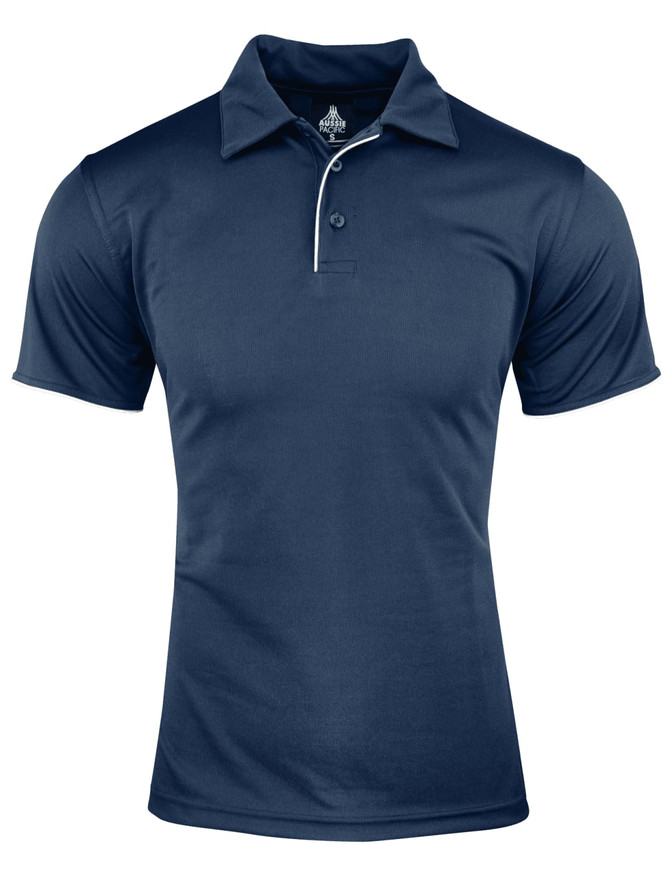 A navy blue polo shirt featuring a classic collar and a subtle white trim, with a logo on the chest.
