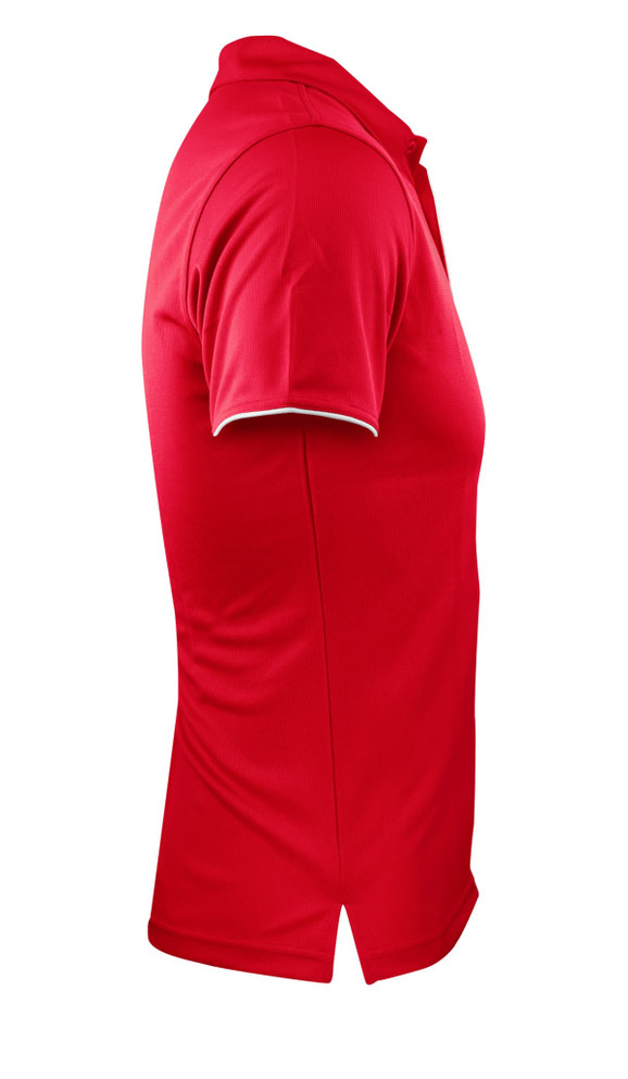 A red polo shirt with a side view, featuring short sleeves and a collar, and a subtle logo on it.