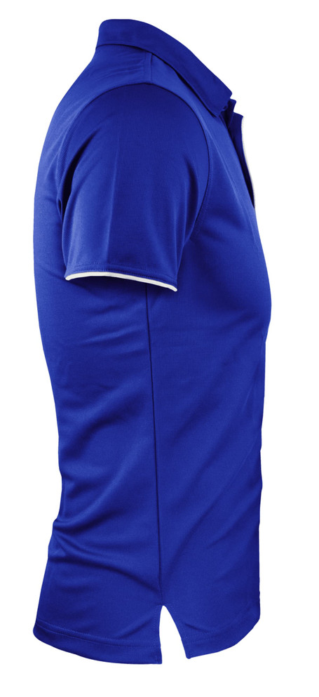 A blue polo shirt featuring a collar and side slits, with a subtle contrasting trim and a logo.