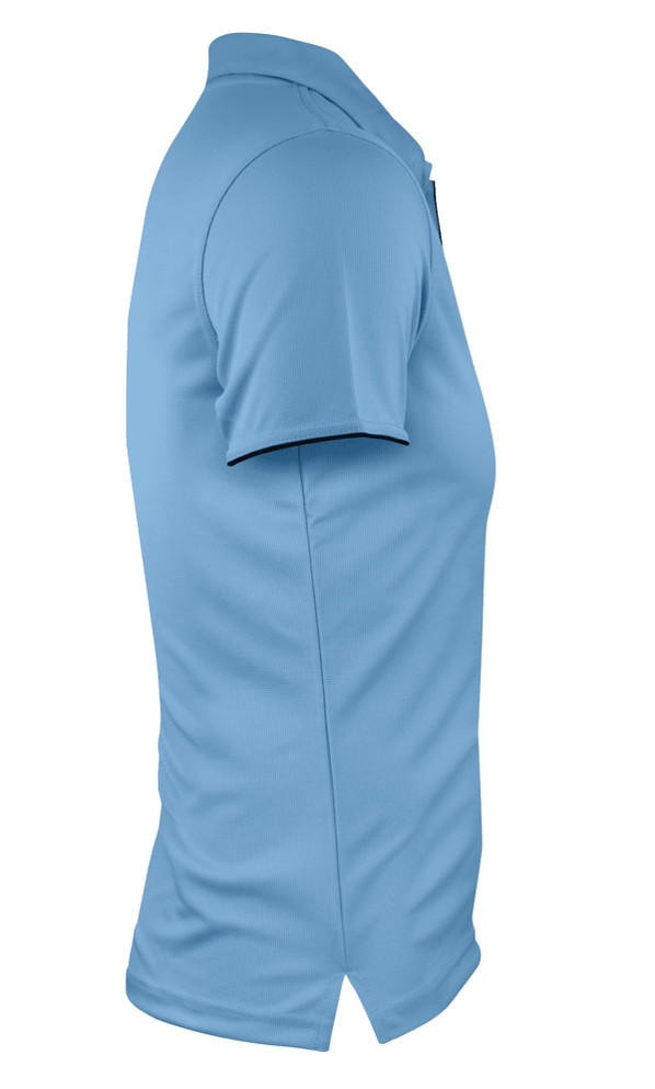 A light blue polo shirt with a slim fit and a collar. It features a logo on the chest.