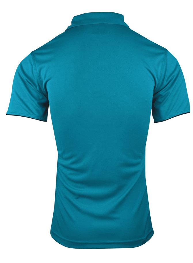 A men's polo shirt in teal, featuring a back view and a collar, with a logo on the side.