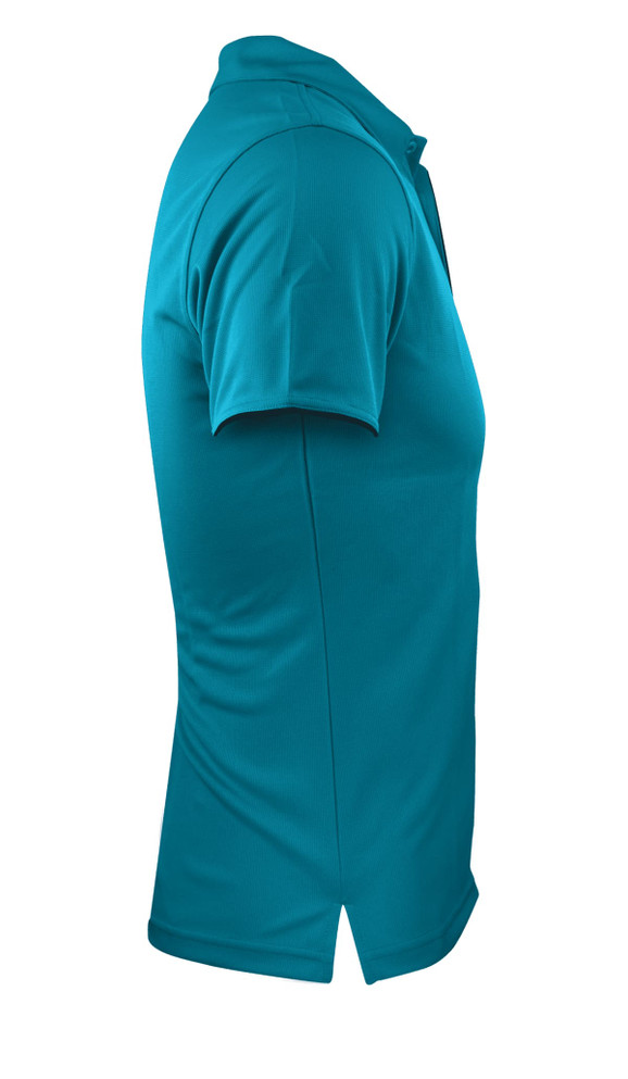 A teal men's polo shirt featuring a collar and short sleeves, with a logo on the chest.