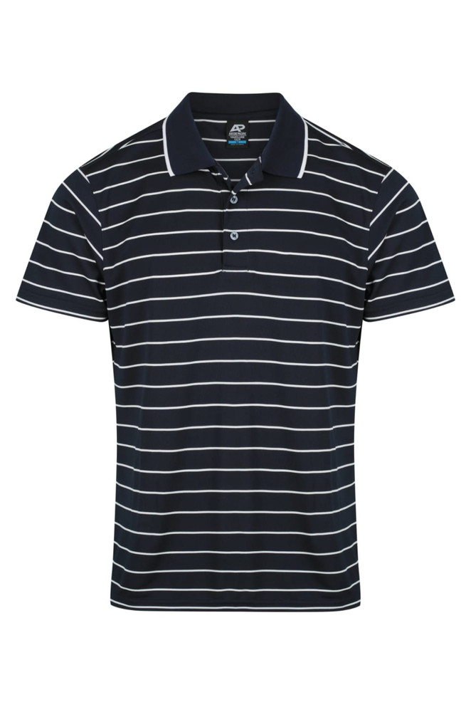 A navy blue and white striped polo shirt with a collar and two-button placket. It features branding on the fabric.