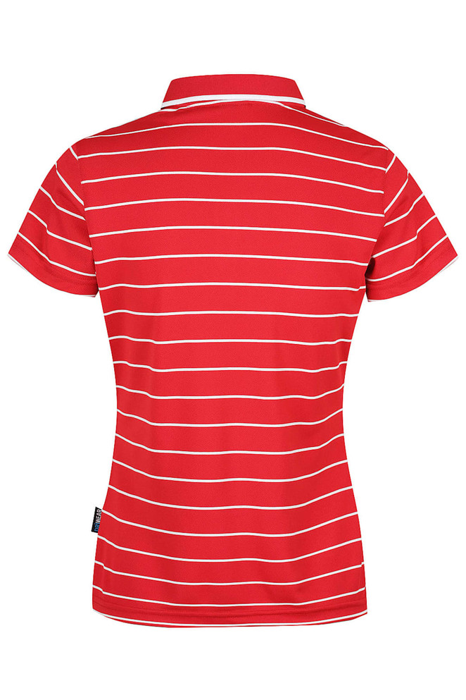 A red polo shirt with white stripes, featuring a collar and short sleeves. The shirt has a logo.