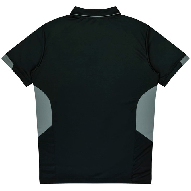 A black polo shirt with grey side panels and a collar, featuring a logo on the front.