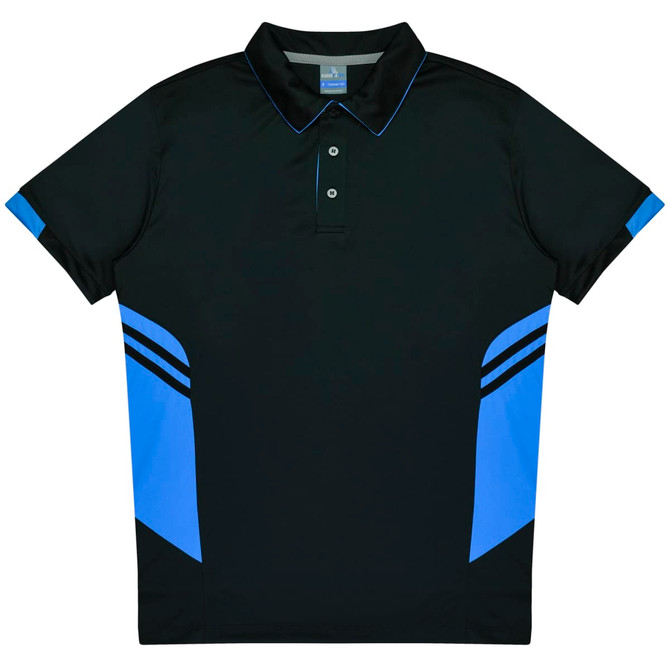 A black polo shirt with blue accents and a branded logo on the front. Suitable for kids.