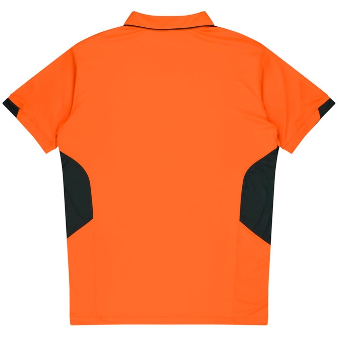 An orange polo shirt with black side panels, featuring a classic collar and short sleeves. It has a logo.