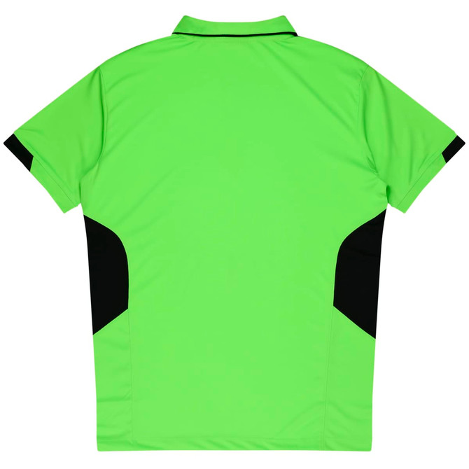 A bright green polo shirt with black accents on the sides and a collar. The design features a logo.