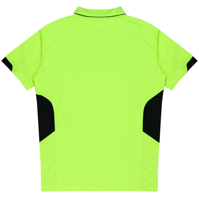A bright yellow polo shirt with black accents on the sides and back, featuring a collar and short sleeves.